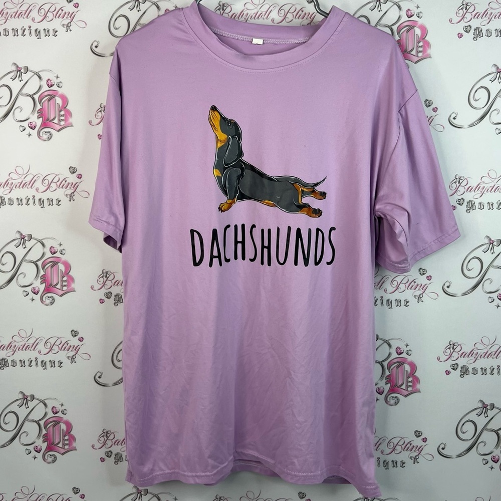 Tshirt dog 🐶 laying yoga style downward dog Purple Dachshund Graphic T-Shirt